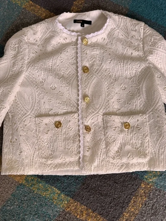 Maje White Cropped Crochet-Textured Button Jacket BNWOT - Picture 5 of 8